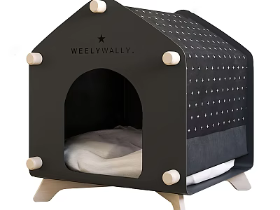 WEELY WALLY Black Dog Bed With Wooden Structure Perforated Design Star Accent And Cushion 3d model