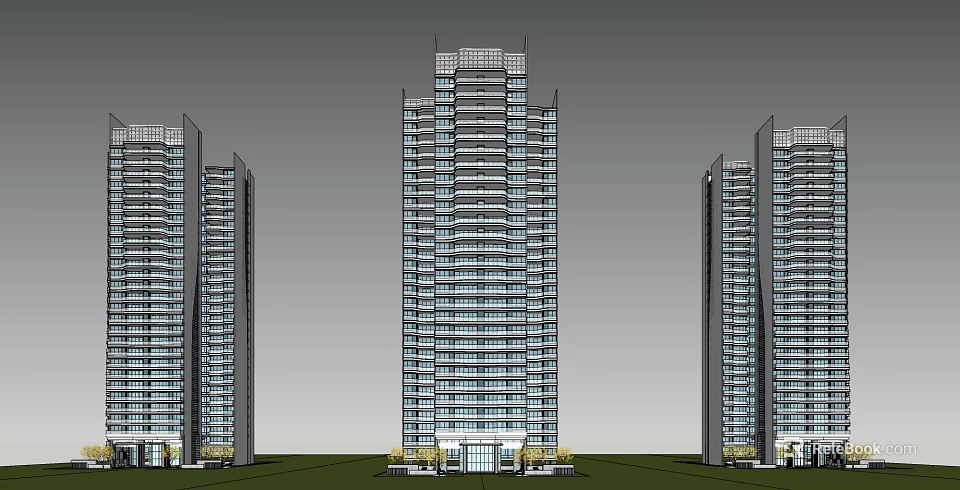 Modern High Rise Residential Buildings With Glass Curtain Walls And Landscaped Ground 3d model 