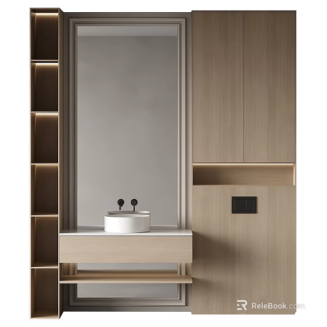Minimalist Modern Washbasin Design With Wooden Cabinets Mirror And Built In Lighting 3d model 