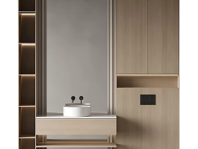 Minimalist Modern Washbasin Design With Wooden Cabinets Mirror And Built In Lighting 3d model