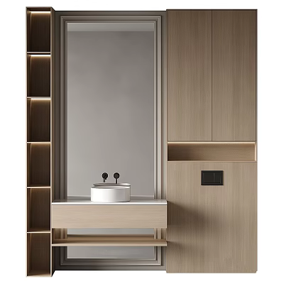 Minimalist Modern Washbasin Design With Wooden Cabinets Mirror And Built In Lighting 3d model