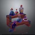 Colorful Magic Potion Bottles On Red Shelf With Labels And Small Figure