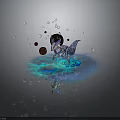 Mystical Fox Like Creature On Blue Water Ripple Platform With Red Orbs And Droplets