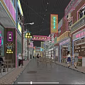 Vibrant Commercial Street With Neon Signs Storefronts Pedestrians Outdoor Seating And Lively Atmosphere