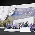 Elegant Event Decor With White Drapery Monet Style Backdrop And Purple Blue Flowers