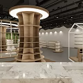 Modern Specialty Store Interior With Curved White Structures And Multiple Display Stands