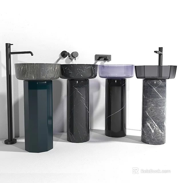 Modern Pedestal Washbasins In Marble Finish Dark Green Black Purple With Black Faucets 3d model 