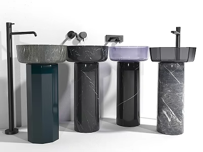 Modern Pedestal Washbasins In Marble Finish Dark Green Black Purple With Black Faucets 3d model