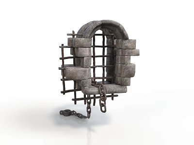 Medieval Stone Architectural Component With Archway Iron Bars and Hanging Chains 3d model