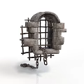 Medieval Stone Architectural Component With Archway Iron Bars and Hanging Chains