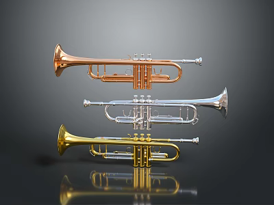 Shiny Gold Silver And Copper Trumpets Suspended On Dark Reflective Background 3d model