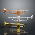 Shiny Gold Silver And Copper Trumpets Suspended On Dark Reflective Background