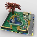 Building Block Scenery Featuring Green Base Blue Pool Flowers Golden Statue Red Tree Bench Railings