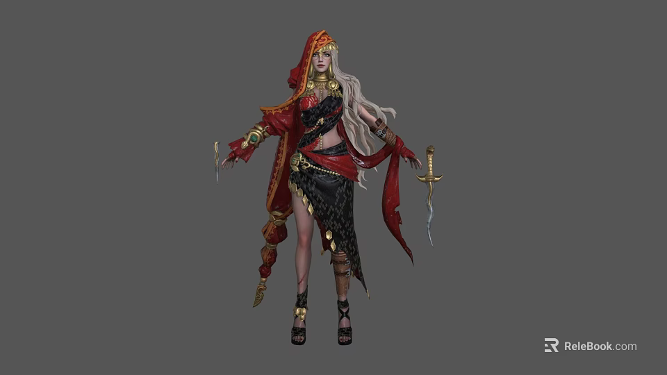 Woman With Red Hood Long Blonde Hair In Red And Black Outfit Holding Two Swords 3d model 