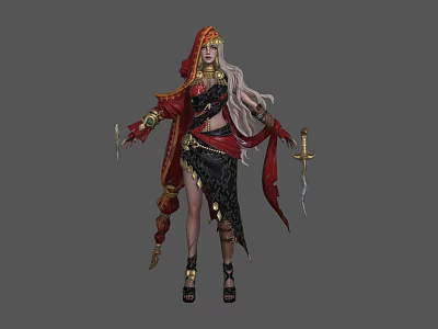 Woman With Red Hood Long Blonde Hair In Red And Black Outfit Holding Two Swords 3d model