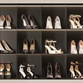 Women's High Heel Shoes in Various Styles Arranged on Multi Compartment Shoe Rack