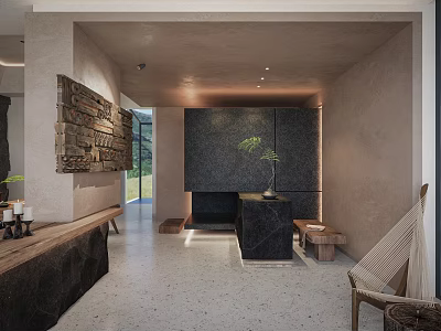 Modern Reception Area Interior With Dark Wooden Counter Stone Wall Small Plant And Bench 3d model