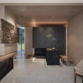 Modern Reception Area Interior With Dark Wooden Counter Stone Wall Small Plant And Bench