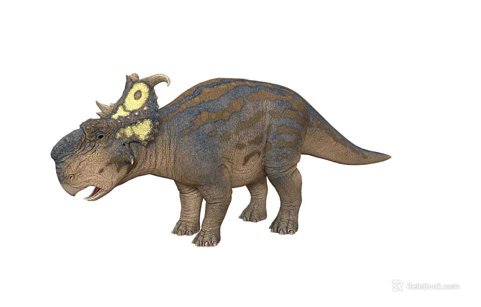 Realistic Ceratopsian Dinosaur With Frilled Head And Brown Striped Body 3d model 