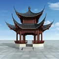 Traditional Chinese Pavilion With Curved Eaves And Two Tiered Wooden Roof In Open Square