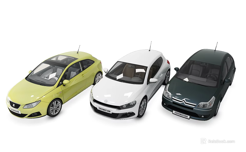 Three Compact Sedan Cars in Yellow White and Dark Green Colors 3d model 