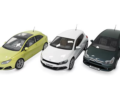Three Compact Sedan Cars in Yellow White and Dark Green Colors 3d model