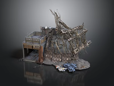 Ruined Building Structure With Wooden Frames Broken Platform And Metal Supports 3d model