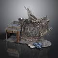 Ruined Building Structure With Wooden Frames Broken Platform And Metal Supports