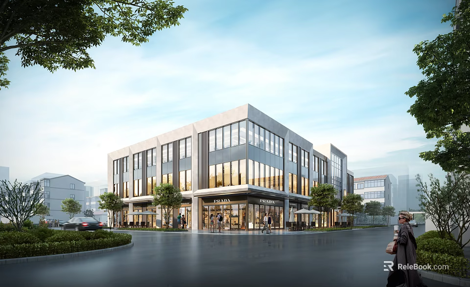Modern Industrial Factory Building Multi Storey with Large Glass Windows Surrounded by Trees and Road 3d model 