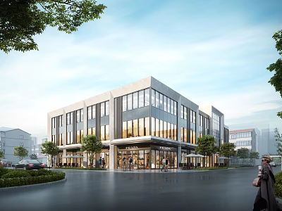 Modern Industrial Factory Building Multi Storey with Large Glass Windows Surrounded by Trees and Road 3d model