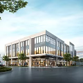 Modern Industrial Factory Building Multi Storey with Large Glass Windows Surrounded by Trees and Road