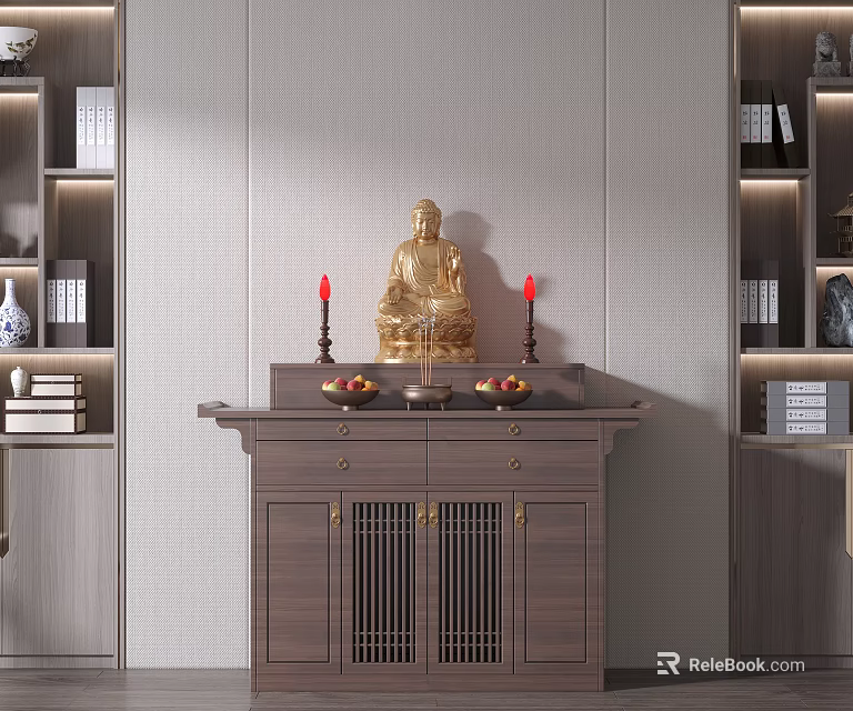 Traditional Wooden Sideboard with Golden Buddha Statue Red Candles and Bookshelves 3d model 