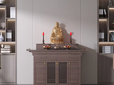 Traditional Wooden Sideboard with Golden Buddha Statue Red Candles and Bookshelves 3d model