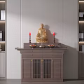 Traditional Wooden Sideboard with Golden Buddha Statue Red Candles and Bookshelves