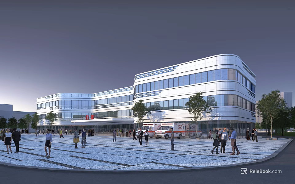 Modern Hospital Building With Large Glass Windows Plaza People And Ambulance 3d model 