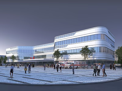 Modern Hospital Building With Large Glass Windows Plaza People And Ambulance 3d model