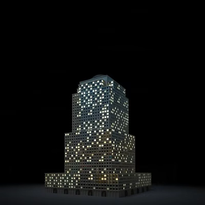 Tall Building Night View With Illuminated Windows And Stacked Architectural Design 3d model