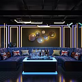 Modern Bar Interior With Red Black Shelves Neon Lights Bar Counter And Stools