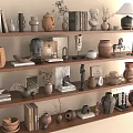 Stylish Decorative Ornament Combinations on Wooden Shelves with Clay Pots Sculptures Books and Vases