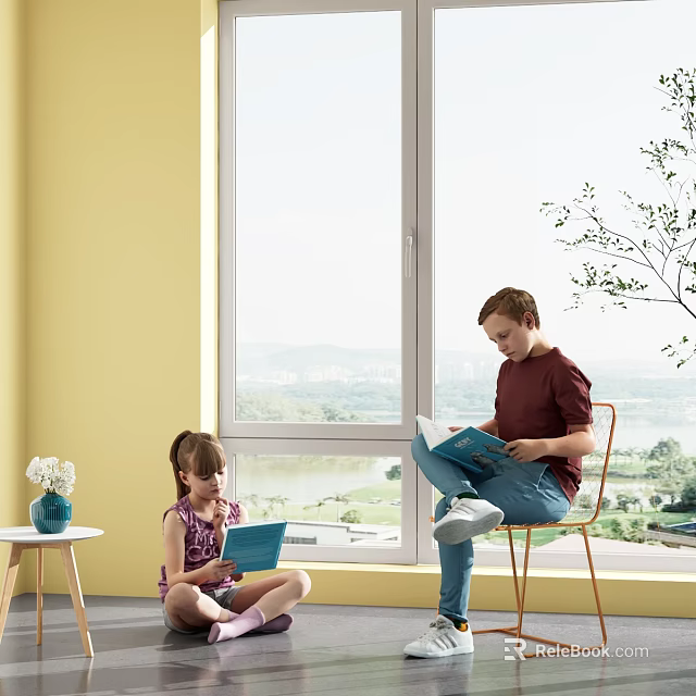 Two Kids Reading Books By Bright Window With Lake View 3d model 