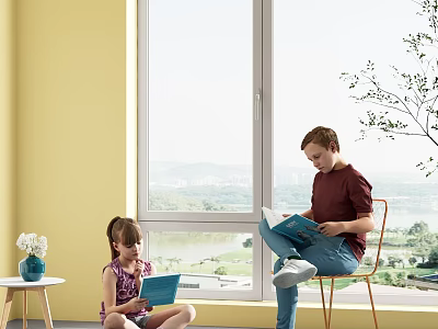 Two Kids Reading Books By Bright Window With Lake View 3d model