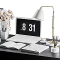 Modern Laptop Desk Setup With 8 31 Digital Clock Open Book Table Lamp And Stationery