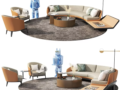 Modern Beige Curved Sofa And Coffee Table Set With Throw Pillows Round Wooden Table And Rug 3d model
