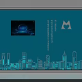 Blue Background Wall With Display Screen City Skyline Silhouette And Heart Shaped M Logo