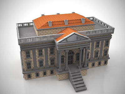 Classical Building Exterior With Orange Roof Gray Walls Columns Steps And Balcony 3d model
