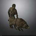 Detailed Ancient Sculpture of Man Supporting Large Standing Boar Figure