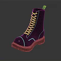 Black combat boots high top lace up with thick sole round toe and yellow stitching