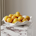 Fresh Ripe Oranges in White Bowl on Marble Countertop with Curtain Background