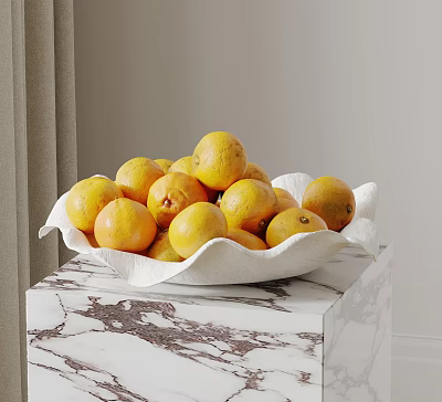 Fresh Ripe Oranges in White Bowl on Marble Countertop with Curtain Background 3d model