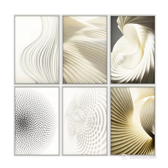 Modern Abstract Paintings With Textured Lines Spiral Patterns Neutral Beige White Tones Six Panel Artwork 3d model 